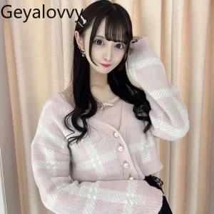 Japanese Style New Mass-produced Soft Girl Sweet V-neck Plaid Knitting Cardigan and Inner Suspender Tops Two-piece Set - AliExpress Sweaters&Jumpers