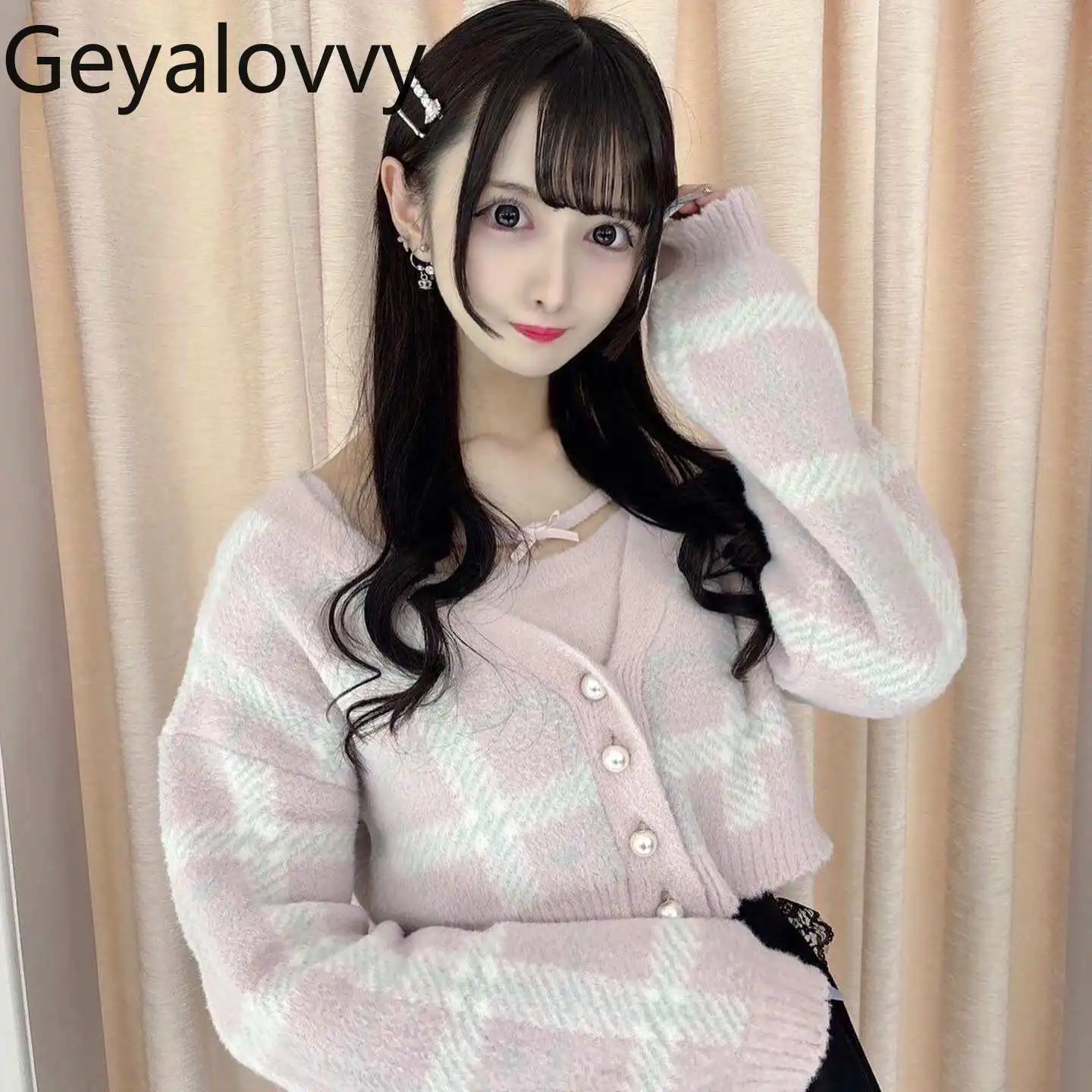 Japanese Style New Mass-produced Soft Girl Sweet V-neck Plaid Knitting Cardigan and Inner Suspender Tops Two-piece Set - AliExpress Sweaters&Jumpers