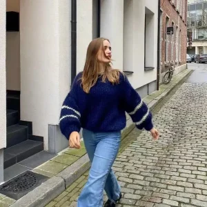 Soft and sticky autumn outfit, new navy blue loose fit striped mohair sweater pullover, long sleeved knitted sweatshirt - AliExpress Sweaters&Jumpers