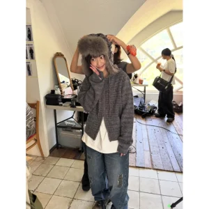 Winter 2025 Aee College Sle Striped Hooded Knitted Sweater Cardigan Women's Loose Fit Medium Thi Nylon Fabric - AliExpress Sweaters&Jumpers