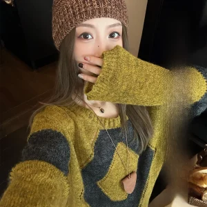 MLS Sunset Par Vintage Color Blo Diamond id Soft Cozy Knitted Sweater Women's Autumn New Sle Lazy American Sle - AliExpress Sweaters&Jumpers