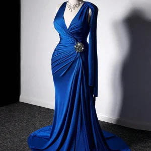 Elegant Royal Blue V-Neck Long Gown with Draped Detail and Rhinestone Brooch - AliExpress Sweaters&Jumpers