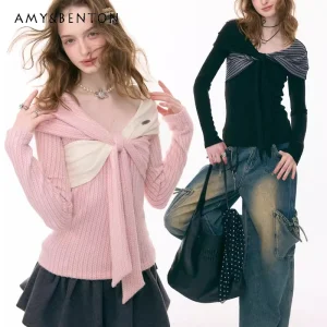 French Design Irregular Twisted Bow Women's Top 2026 Spring New Sweet Cute Versatile Long Sleeve Pullover Knitted Sweater Ladies - AliExpress Sweaters&Jumpers