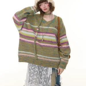 ZiziFei Autumn Winter Soft Cozy Color Block Striped V Neck Sweater Women's Fashionable Retro American Design Green Lazy Style - AliExpress Sweaters&Jumpers