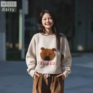 White Daisy 00% Pure Wool Sweater Thiened Autumn Winter Korean Sle Daisy Cartoon Bear Knitted Long Sve Loose Fit Wome... - AliExpress Sweaters&Jumpers
