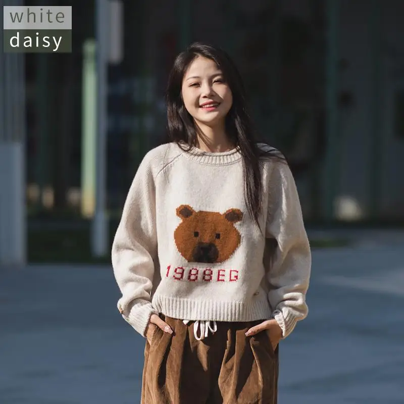 White Daisy 00% Pure Wool Sweater Thiened Autumn Winter Korean Sle Daisy Cartoon Bear Knitted Long Sve Loose Fit Wome... - AliExpress Sweaters&Jumpers