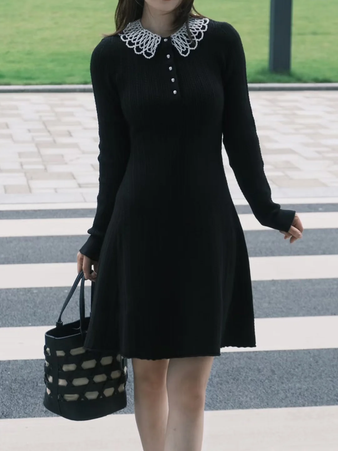 Detachable Pearl Collar Knitted Dr Long Sve Waist Cinched ort Skirt French Sle Soft Double Ribbed Knit Da... - AliExpress Sweaters&Jumpers