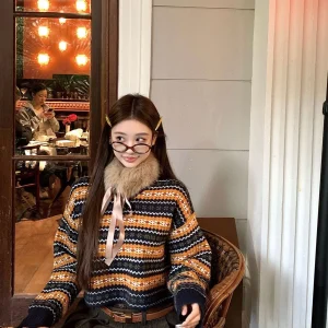 Okaaay Autumn Caramel Loose Striped Color Blo Knitwear Korean Sle V-Ne Long Sve Sweater Casual Slimming Effectiven - AliExpress Sweaters&Jumpers