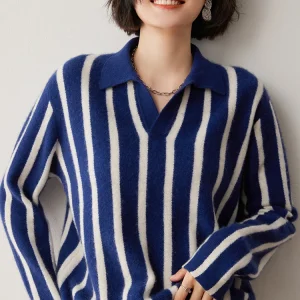 Chic Navy Style Pullover 100% Cashmere Sweater Pullover Women Autumn Winter Sweater Shirt Collar Stripes Clothing Casual Knitted - AliExpress Sweaters&Jumpers