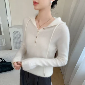 Autumn/Winter New Women's 100% Pure Cashmere Pullover Casual Solid Color Knitted Sweater Slim Fit Hooded Neck Tops Warm Button - AliExpress Sweaters&Jumpers
