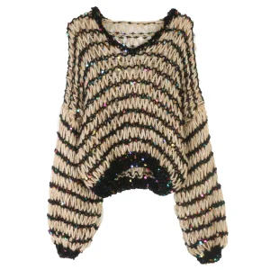 Autumn new design hollow long-sleeved sweater knitted round neck striped lazy style sweater fashionable short sweater - AliExpress Sweaters&Jumpers