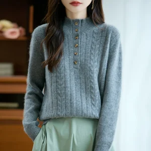 100% Wool Thickened Mock Neck Half - Buttoned Cable Knit Women's Pullover, Combining Warmth and Delicacy - AliExpress Sweaters&Jumpers