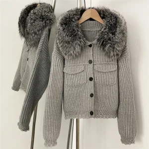 Winter new women's real fox fur collar ribbed knitted cardigan high quality fashion simple casual single-breasted knitted jacket - AliExpress Sweaters&Jumpers