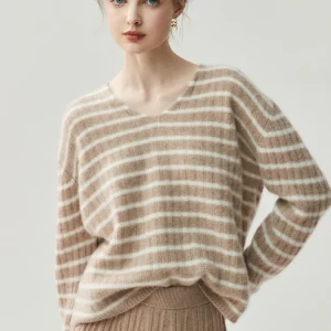 CHICUU Autumn Winter Women Striped V-neck Pullover 100% Cashmere Sweater Casual Loose Style Soft Basic Cashmere Knitwear Tops - AliExpress Sweaters&Jumpers