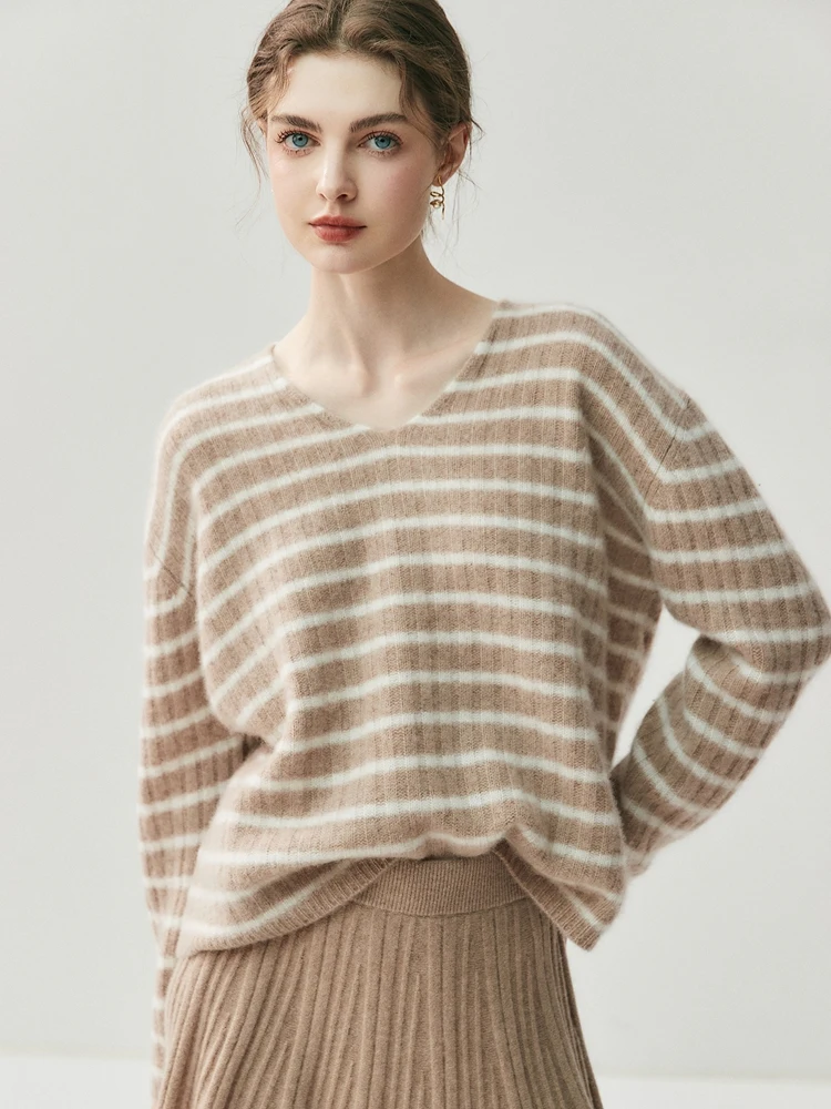 CHICUU Autumn Winter Women Striped V-neck Pullover 100% Cashmere Sweater Casual Loose Style Soft Basic Cashmere Knitwear Tops - AliExpress Sweaters&Jumpers