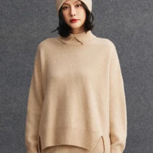 100% Cashmere Pullover Sweater Autumn Winter Women's Button Up Collar Soild Loose Irregular Hem Knit CLoths Simple Light Luxury - AliExpress Sweaters&Jumpers