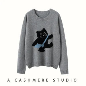 Women's O-neck Cashmere Pullovers Sweater Autumn Winter 100% Cashmere Knitwear Kitten Pattern Casual Long Sleeve Clothing Tops - AliExpress Sweaters&Jumpers