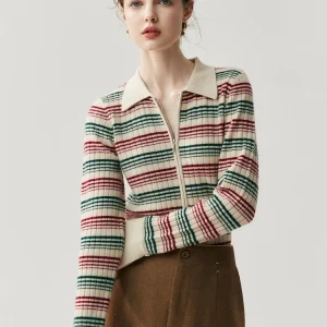 England Style Women's Sweater Slim 100% Cashmere Cardigan Sweater Autumn Winter Warm Clothes Polo Collar Striped Zipper Knit Top - AliExpress Sweaters&Jumpers