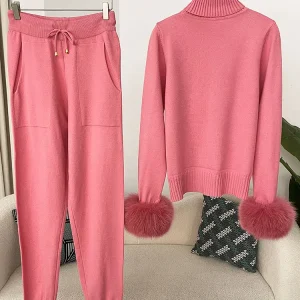 FURYOURSELF 2025 Spring woman Natural fox fur sleeves wool splicing sweater suit knitted trousers Free shipping fashion suits - AliExpress Sweaters&Jumpers
