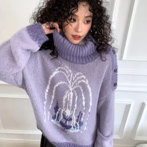 Chtry Girl Wi Pond Fountain Pattern Knitted Sweater Women's Purple Autumn Winter Top High Collar Overhead Knitwear - AliExpress Sweaters&Jumpers