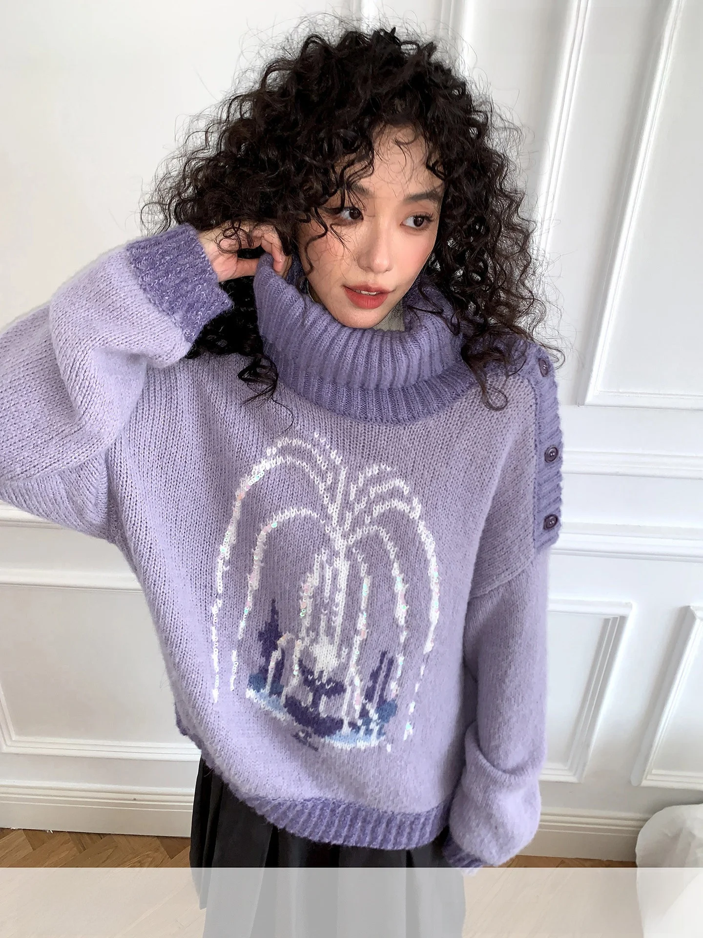 Chtry Girl Wi Pond Fountain Pattern Knitted Sweater Women's Purple Autumn Winter Top High Collar Overhead Knitwear - AliExpress Sweaters&Jumpers