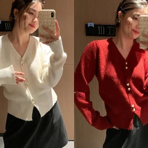 Autumn Winter Korean Sle V-Ne Heart Bule Design Knitted Sweater Waist Cinched Slimming Sequin Knitted Open Cardigan - AliExpress Sweaters&Jumpers