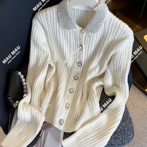 Knitted Cardigan Top with Pearl Embellishment And Doll Collar in Soft Medium Weight for Women's Daily Wear in Autumn - AliExpress Sweaters&Jumpers