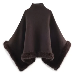 HH Female Spring Casual Loose Brown Knitted Tops High Collar Artificial Fur Trim Cape Women's New Fashion Chic Sweater Coats - AliExpress Sweaters&Jumpers