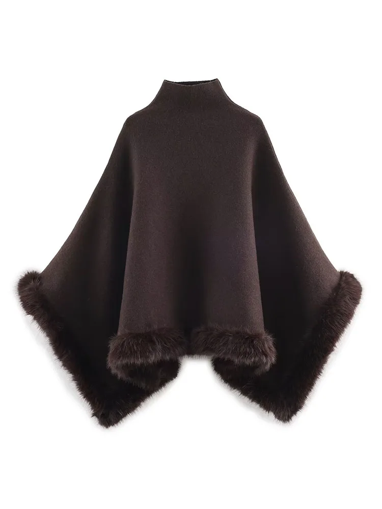HH Female Spring Casual Loose Brown Knitted Tops High Collar Artificial Fur Trim Cape Women's New Fashion Chic Sweater Coats - AliExpress Sweaters&Jumpers