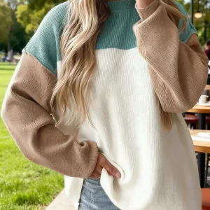 Women's Color Block Ribbed Knit Loose Round Neck Long Sleeve Sweater - AliExpress Sweaters&Jumpers