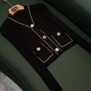 ort Knitted Cardigan V-Ne Long Sve Metal Bule Decorative Chain Women's Faion Spring 2026 OL Sle Regular Thin - AliExpress Sweaters&Jumpers