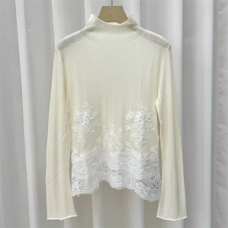 Women's sweater New wool blend long sleeved top for autumn 2025 Lace patchwork high neck pullover Women's turtleneck knitwear - AliExpress Sweaters&Jumpers