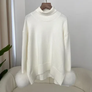 2024 Autumn Winter Women's Sweaters with Real Fox Fur Sleeves and Warm Slim Fit Knitwear - AliExpress Sweaters&Jumpers