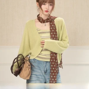 Heynew  Green Knitted Cardigan Inner Stripe Vest Women Spring Anti-aging Two-piece Set Loose Fit Long Sleeve Regular Length - AliExpress Sweaters&Jumpers
