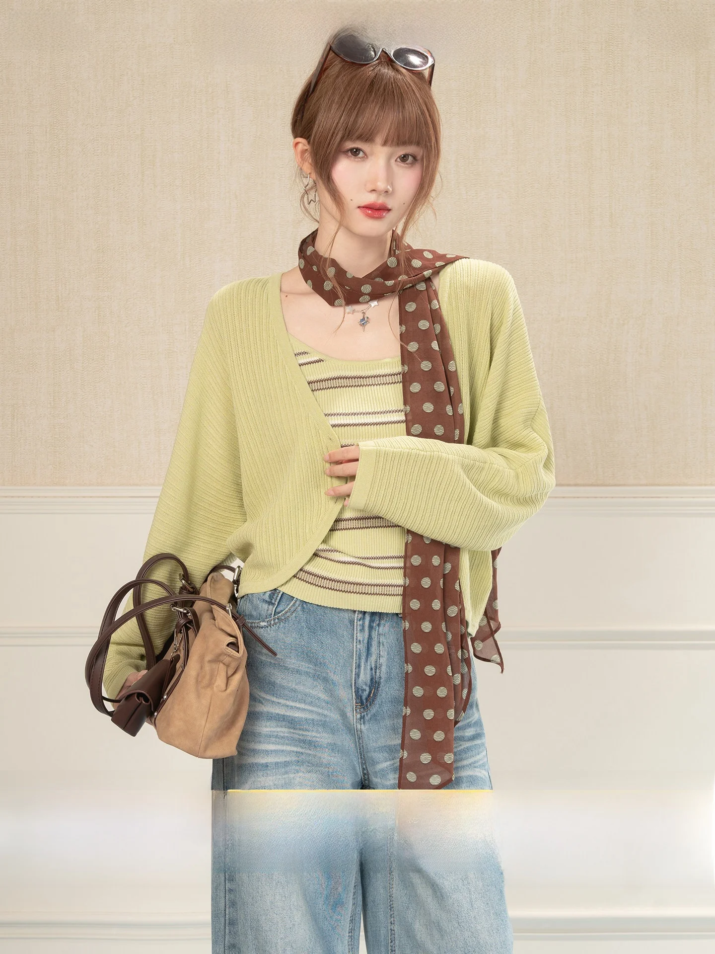 Heynew Green Knitted Cardigan Inner Stripe Vest Women Spring Anti-aging Two-piece Set Loose Fit Long Sleeve Regular Length - AliExpress Sweaters&Jumpers