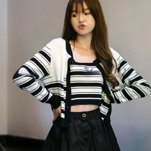Monic Ice Hemp Striped Knitted Long Sleeve Open Cardigan Strap Vest Korean Style Commute Fashion Regular Fit Summer Thin Model - AliExpress Sweaters&Jumpers