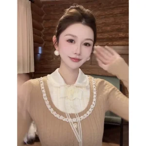 AZZHEN Knitted Pearl Pleated Long Sve Doll Collar Fake Two-Piece Soft Polyester Fiber French Sle Slim Fit Winter Coat - AliExpress Sweaters&Jumpers