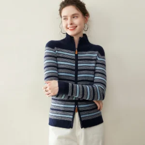 Women Zipper Cardigan Clothes 100% Cashmere Knitwear Sweater New Collection Cozy Autumn Winter Thick Female Soft Striped Tops - AliExpress Sweaters&Jumpers