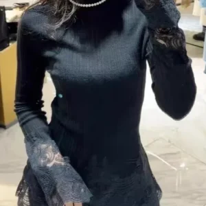 Women Lace Embroidery Patchwork Sweater High Neck Long Sleeve 2-Color Elegant Slim 100% Wool Knitted Pullover - AliExpress Sweaters&Jumpers