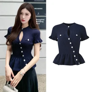 2025 Autumn New Sle round Ne ort Hollow out Slim Fit ort Sve Women's Knitted Top with Lace Hemline Commute Sle - AliExpress Sweaters&Jumpers