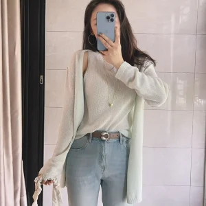 Soft Linen 2-Piece Set Lightweight Pure Color Sun Protection Knitted Sweater for Women Comfortable Breathable Spring Season - AliExpress Sweaters&Jumpers