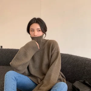 Women's High-Necked 100% Cashmere Sweater Soft Waxy Thick Loose Fit European Knit Lazy Wind Pullover Bottoming Silhouette - AliExpress Sweaters&Jumpers