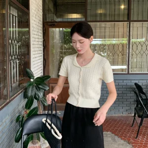 Pure White Early Spring Korean Sle Knitted ort Sve ell Button Top with Twist Design And Turn-down Collar by DH - AliExpress Sweaters&Jumpers