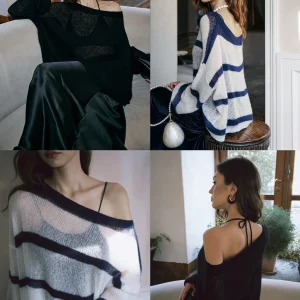 Betchow Soft Silk Camere Fairy-Like Long Sve oulder-Bared Striped Top Casual Sle Loose Fit Double Knit Women's Swe... - AliExpress Sweaters&Jumpers