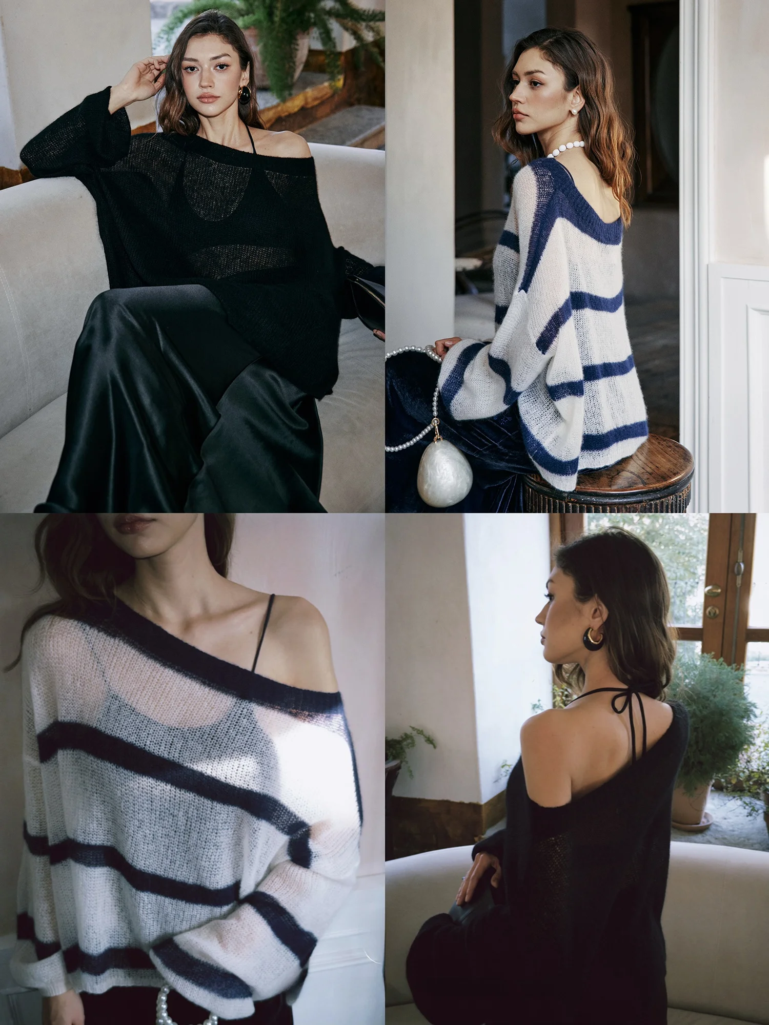 Betchow Soft Silk Camere Fairy-Like Long Sve oulder-Bared Striped Top Casual Sle Loose Fit Double Knit Women's Swe... - AliExpress Sweaters&Jumpers