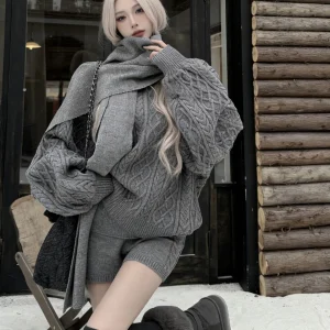 Faionable Knitted Sweater Set with Lantern Sve round Ne Soft Warm Thiened Tee-piece Women's Clothing for Autumn Wi... - AliExpress Sweaters&Jumpers