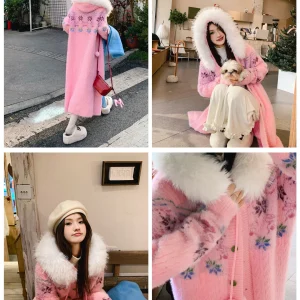 Gula Liangpin Heavyweight Knitted Long Sweater Coat with Hat And Fur Collar Twist Flower Embroidery Ele Fem Outerwear - AliExpress Sweaters&Jumpers