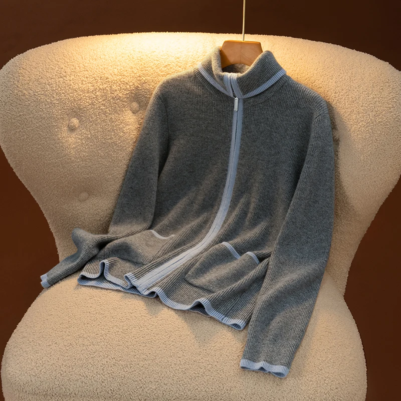 Color-Block Polo Collar Cardigan Women's 100% Cashmere Fashion Casual Zip Sweater Autumn Winter Comfortable Soft Knitted Coat - AliExpress Sweaters&Jumpers