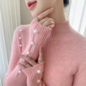 Autumn/Winter New Women's 100% Pure Cashmere Pullover Casual Solid Knitted Sweater Slimming Half Neck Tops Pearl Buckle Jumper - AliExpress Sweaters&Jumpers
