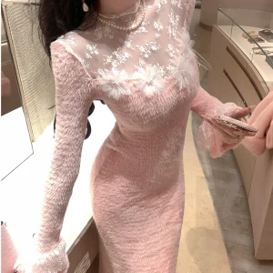 Sy Autumn Winter Long Sve Knitted Dr Soft Me Lace Splicing Velvet Knitted Gown Ele Sle Pure Color Faion - AliExpress Sweaters&Jumpers